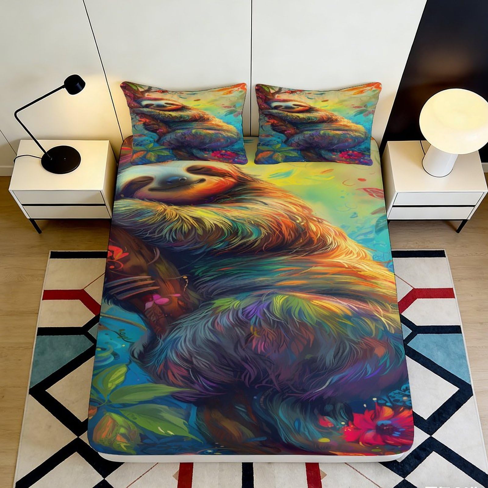 3D Printed Colorful Sloth Fitted Sheet Microfiber Soft Breathable Vibrant Sloth Bed Cover for Bedroom Dormitory Guest Room Mattress Protection 140x200x25cm