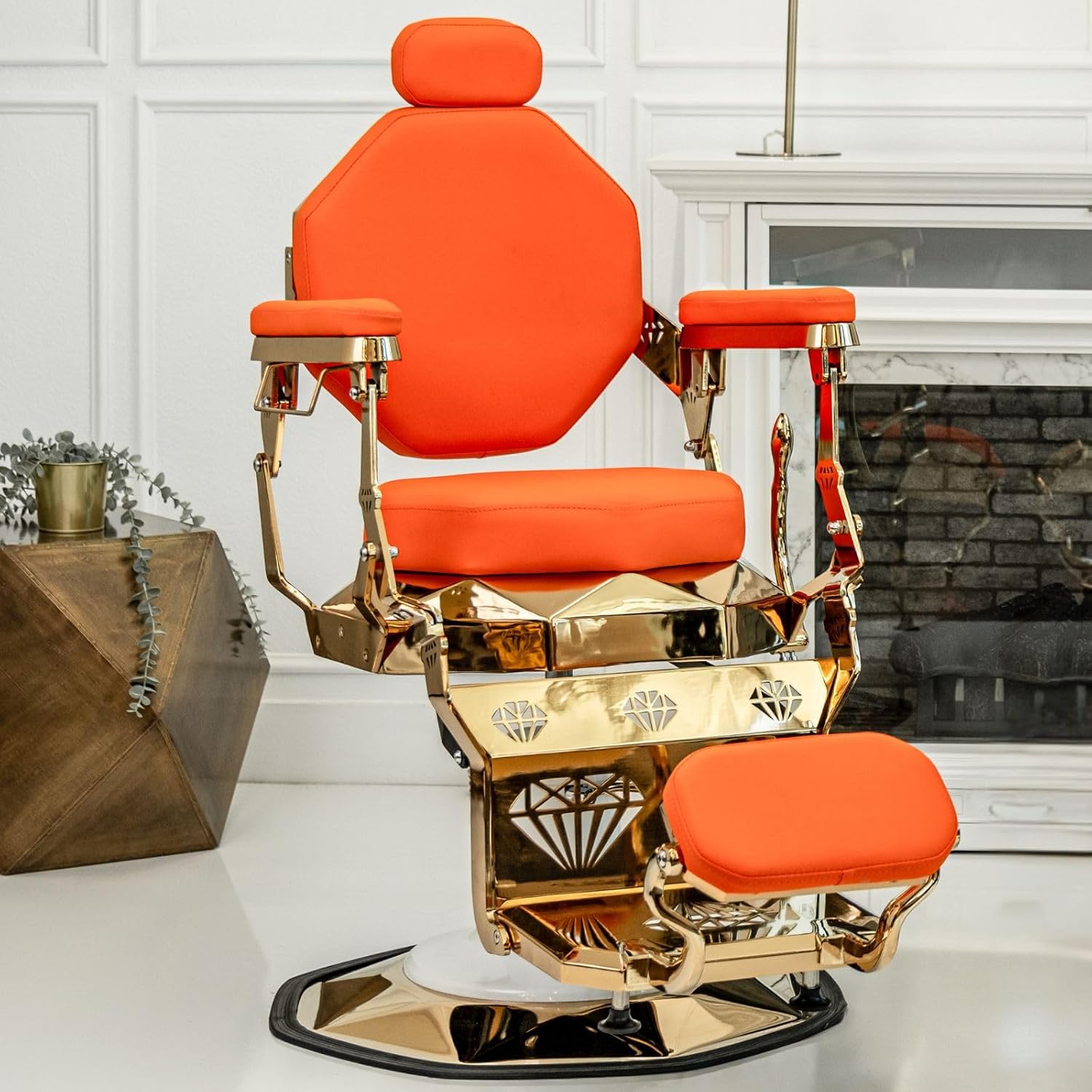 LEON Barber Chair Diamond Shape Seat Cushion and Backrest, Reclining Heavy Duty Barber Chair, Orange Seat Gold Frame