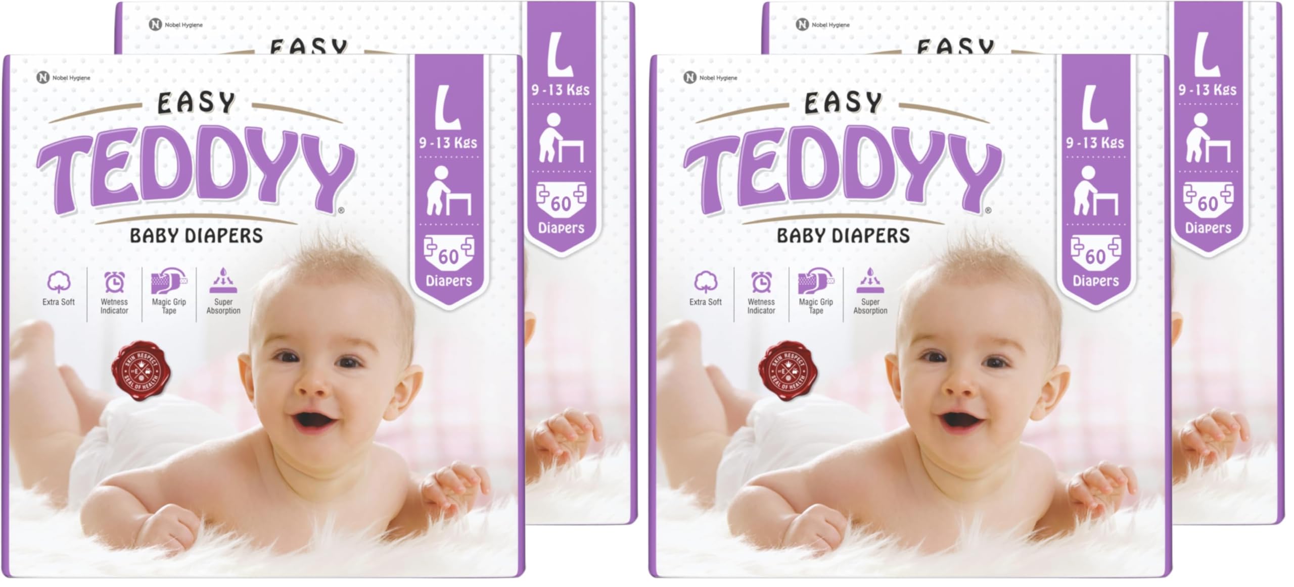 teddyy easy baby l size diaper tape style |120 count (large) | 9-13 kgs (pack of 4) | quick absorbency | extra super soft | anti - bacterial | wetness indicator with adjustable grip tapes