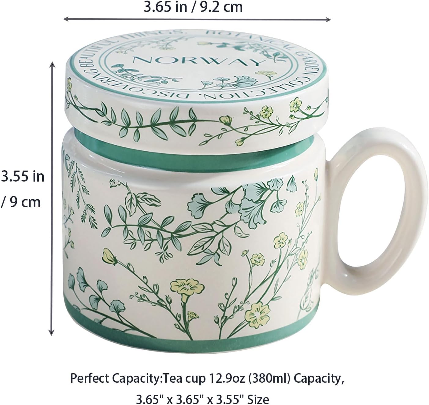 12.9oz Ceramic Coffee Mug with Lid,Flower Patterned Porcelain Mug,Ceramic Tea Cup Coffee Latte Mug for Office and Home,Green,1 Piece - Image 2