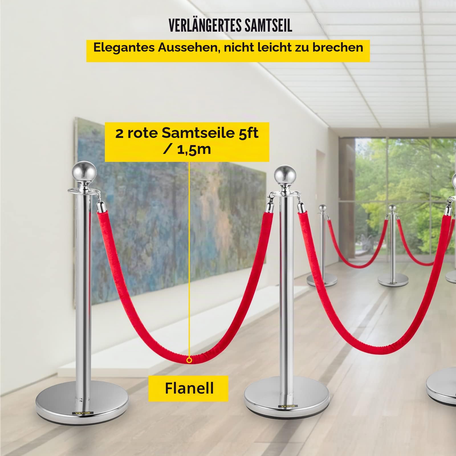 VEVOR Edelstahl Absperrpfosten Seil Abgrenzungsständer Kugelkopf 2 Rote Samtseile Silberne Säule 4 Packung Crowd Control Barriers