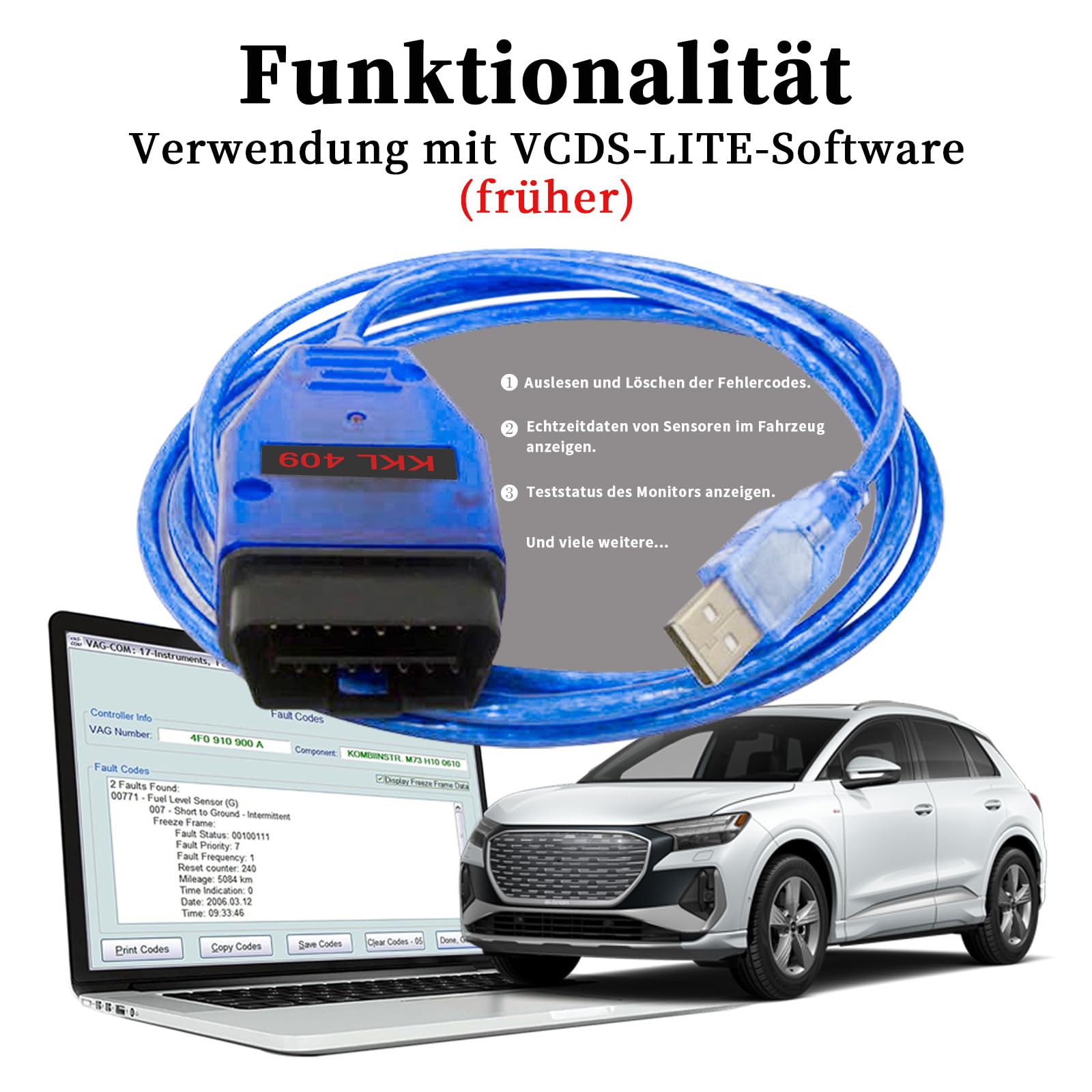 KKL 409 cavo USB con Chip originale FTDI FT232RL adatto per V-w,Volk-s,Audi,Seat,Skoda veicoli dal 1996 oltre,OBD2 per strumento di scansione ECU auto per software diagnostico V A G-COM Windows XP