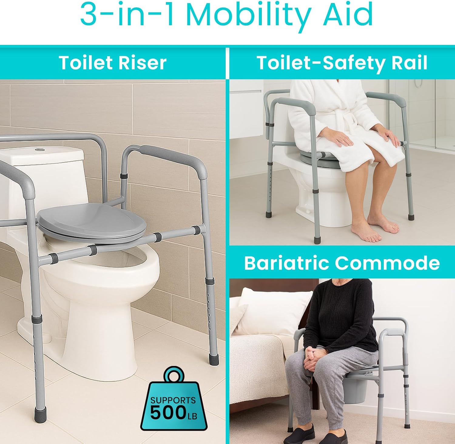 Vive Bariatric Bedside 3-in-1 Commode 500 lb Capacity - Portable Folding Toilet Chair - Adjustable Height, Extra Wide Seat - Bucket Splash Guard Heavy Duty Adult Bathroom, Pail Fits Standard Liner Bag