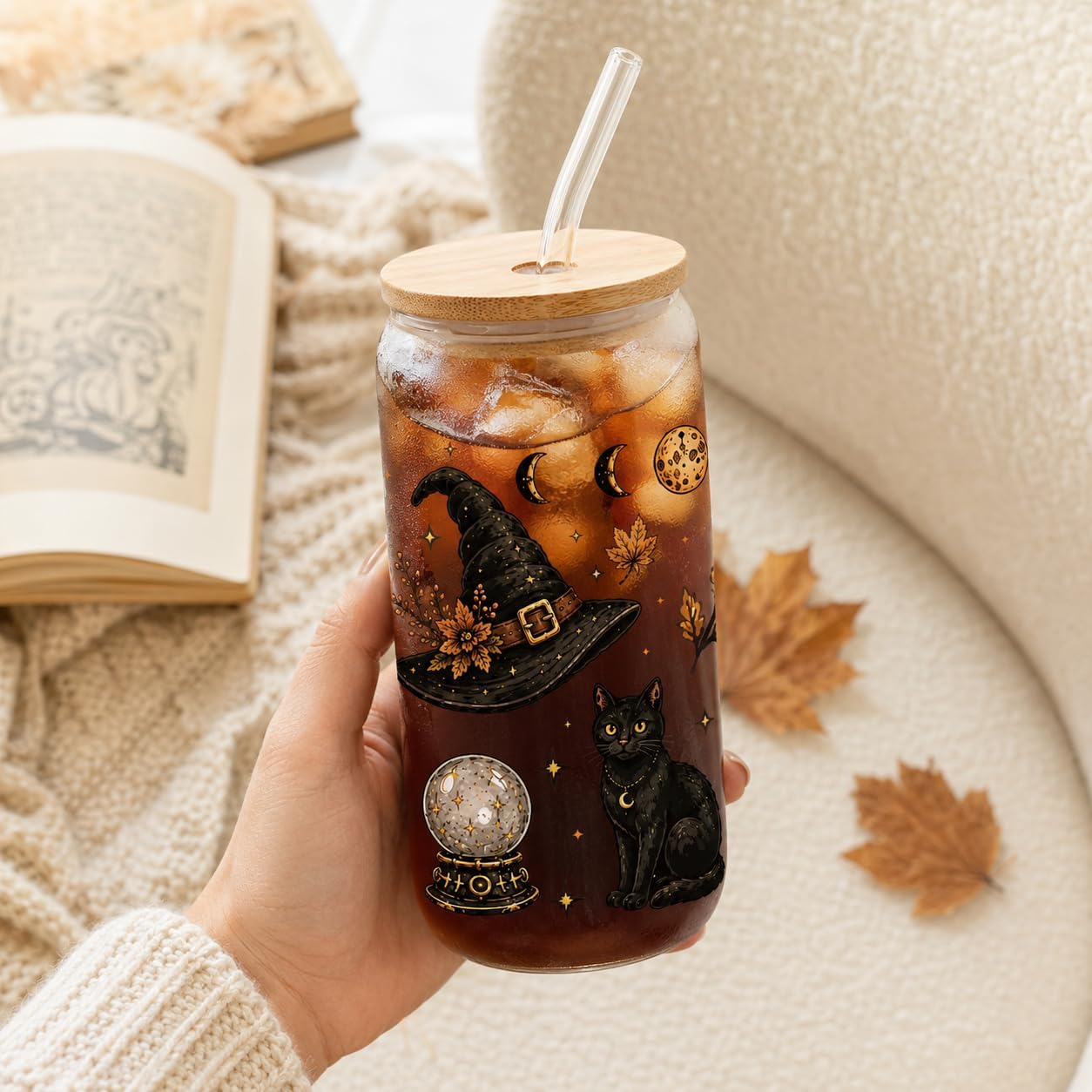 Lamyba Halloween Cups, Witch Halloween Glass Cups with Lid & Straw, Halloween Drinking Bottle,16oz