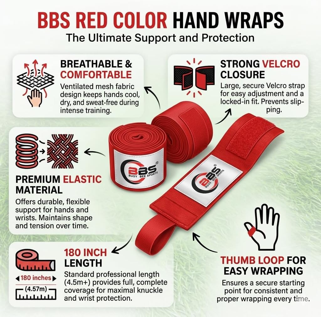 Busy Bee Sports Red Boxing Hand Wraps 180" – Elastic Cotton MMA, Muay Thai & Kickboxing Wraps – Thumb Loop & Hook & Loop Closure – Wrist & Knuckle Support (Pair)