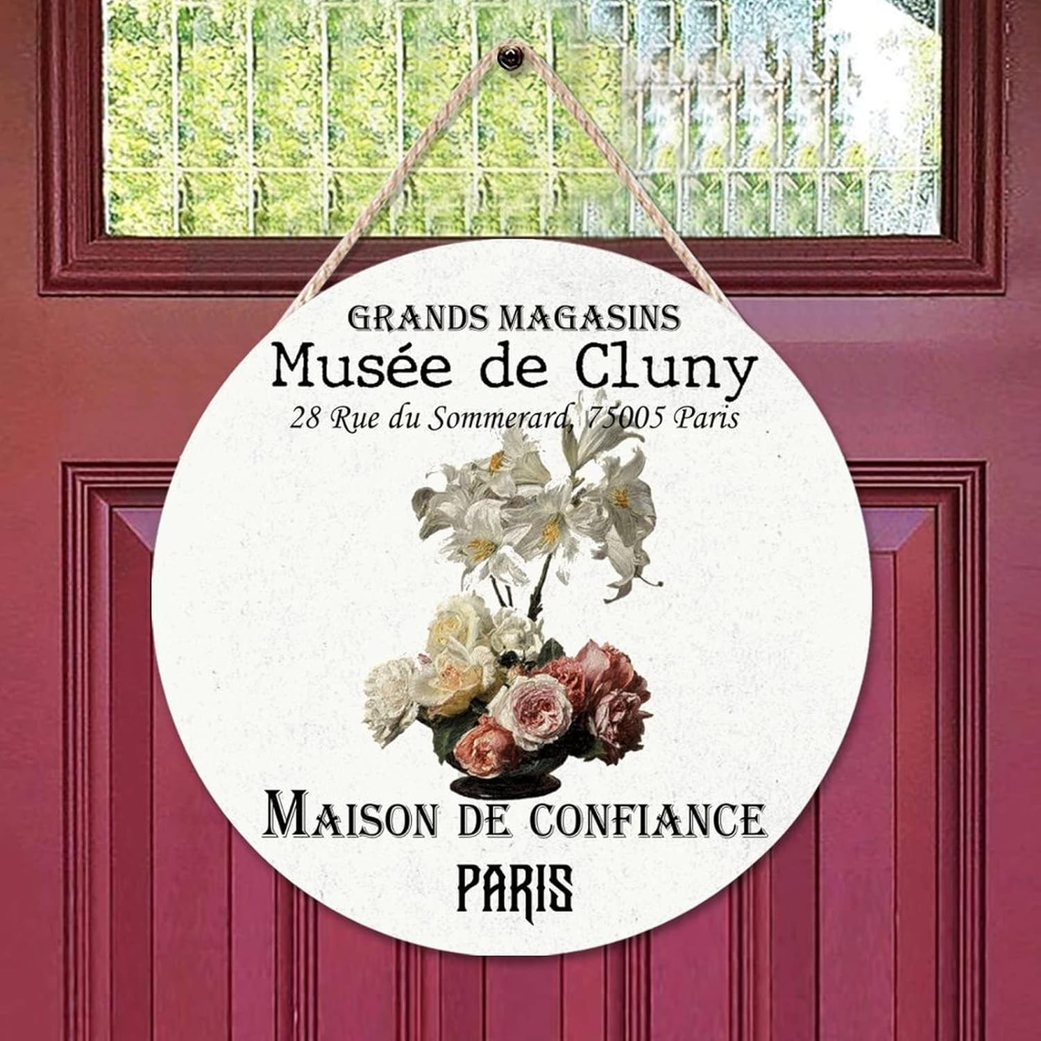 Flower Wall Hanging Sign Plaque, Vintage Flower Wood Door Sign, Old Paper Textures 16x16in Front Door Round Wood Sign for Front Door Entryway Porch Bar Pub Housewarming Gifts