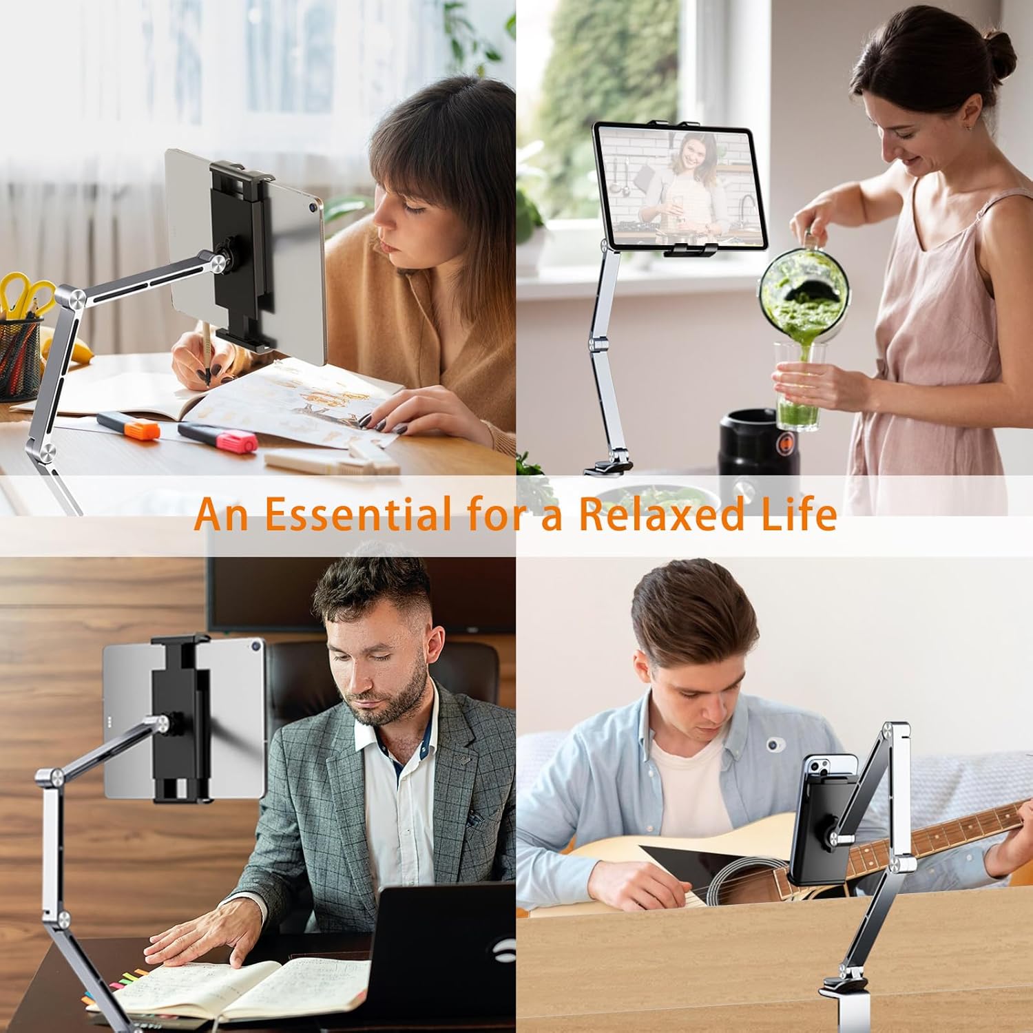 iPad Mount for Desk Aluminum Alloy Tablet Stand Foldable Overhead Arm Holder Mount Fits for 4.7-15.6" Screen Phone,Kindle,Fire HD,Monitor,iPad,Galaxy Tab Series (Silver)