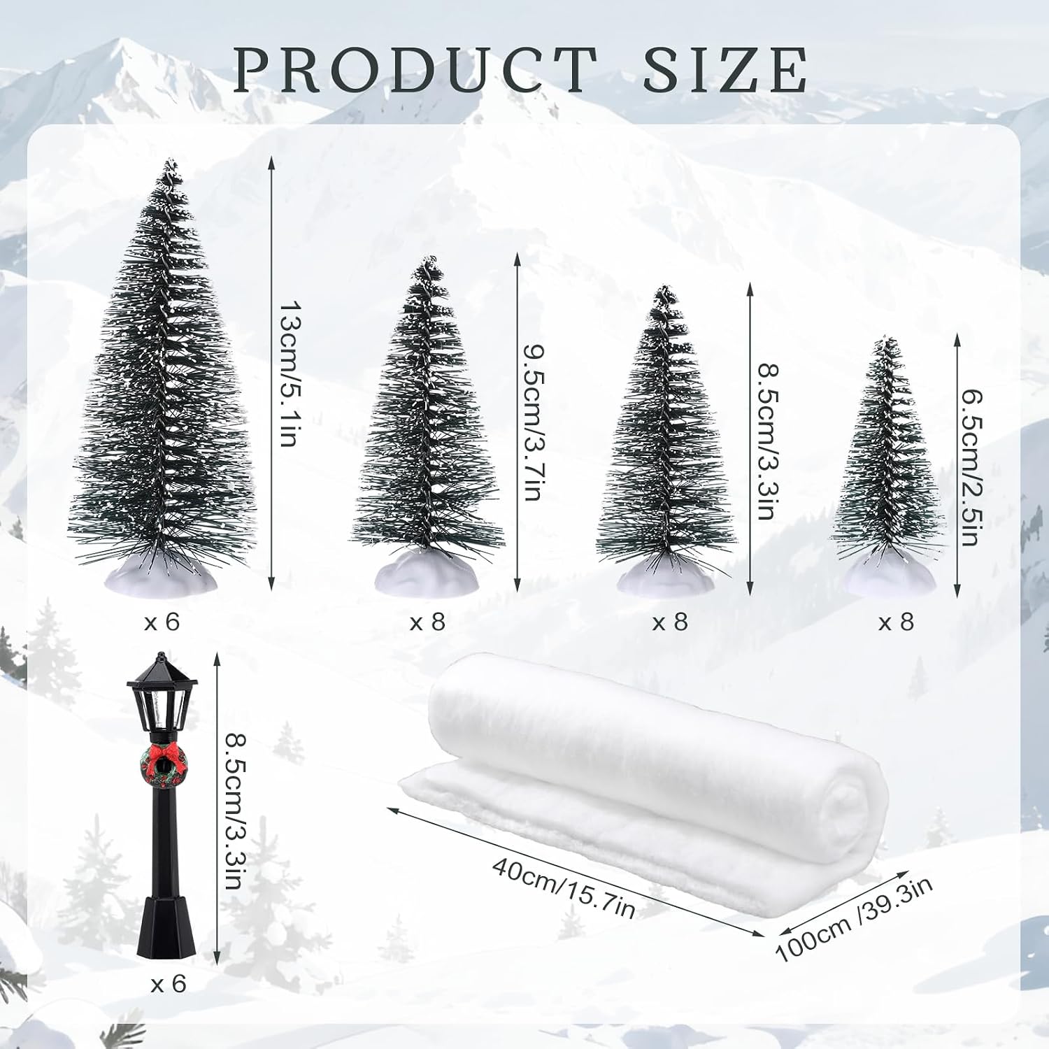 Soulchen 36 Pcs Christmas Model Trains Scenery Set Include 2.5-5.1 Inch Mixed Miniature Christmas Model Trees Mini Streetlight White Snowy Grass Mat for Xmas Train Scenery Architecture DIY Crafts
