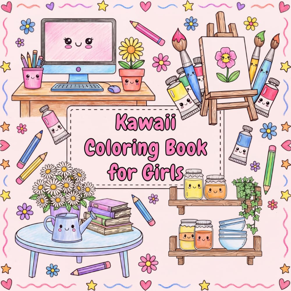 Kawaii Coloring Book for Girls: Cute Spring Rooms, Flowers, and Girly Scenes for Relaxing Creative Coloring Designs for girls Ages 4+