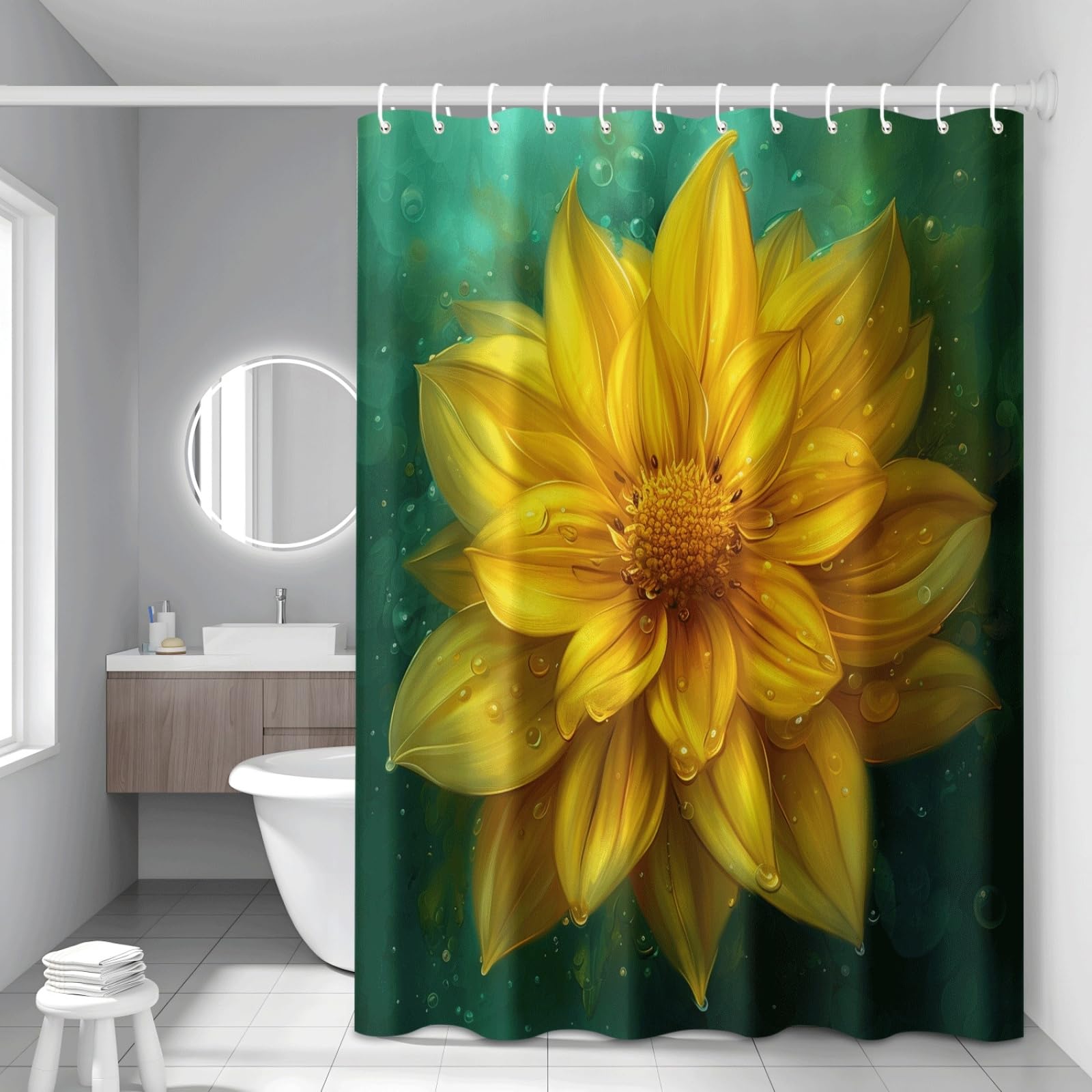 Shower Curtain Yellow Flower Plants Mould Resistant Shower Curtains for Bathroom Washable Polyester Bathroom Curtains Decor Wet Room Quick Dry Anti Mould Bath Curtain with 12 Hooks 200x240cm