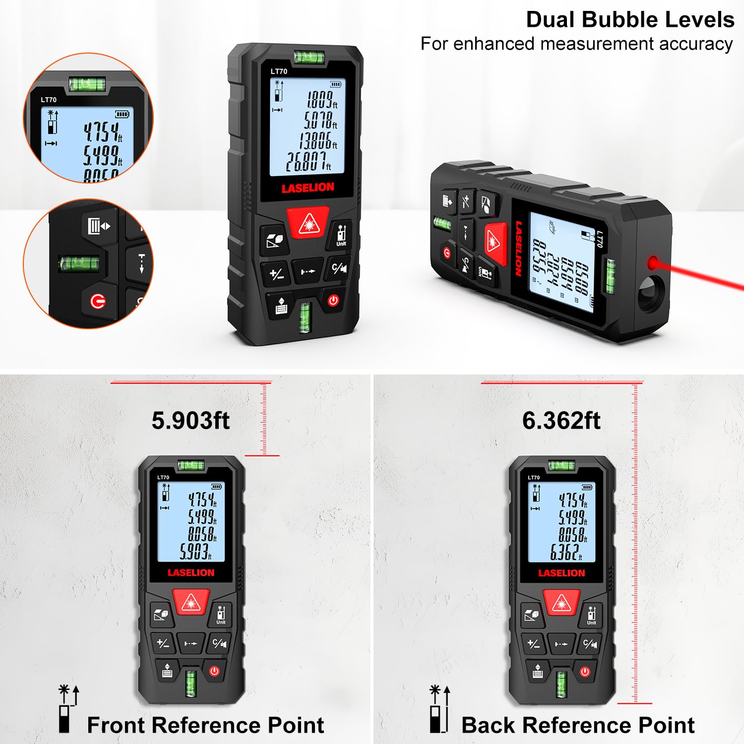 Medidor Láser 70M, LASELION Láser Medidor Distancia con 2 Burbujas de Niveles, Alta Precisión,Telémetro Láser IP54 Herramienta de Medición Digital Portátil, Pantalla LCD Retroiluminada