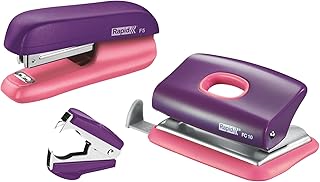 Reeves - Juego de mini grapadora, quitagrapas y perforadora, color morado y rosa