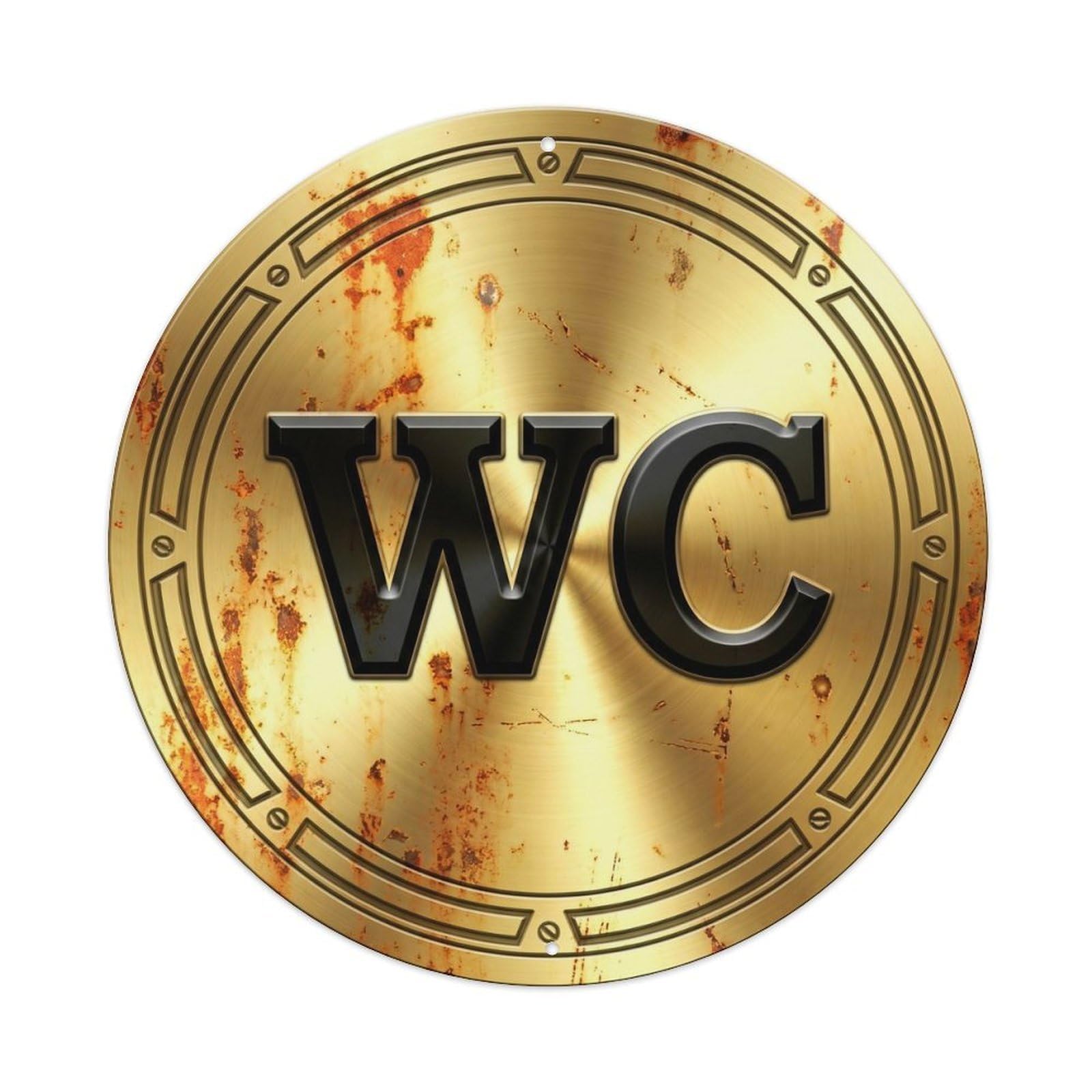 Fqcyn Style Toilet （Wc） Rustic Brass Restroom Wall Shield Metal Tin Sign Plaque Wall Decor For Cafe, Club Bar, Office, Home Garden Round Metal Poster 8X8inch