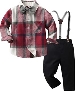 Niño Caballero Atuendos a cuadros Niño Camisa de manga larga con pajaritas Tirantes Pantalones Niño Traje de Vestir para 1-6 Años