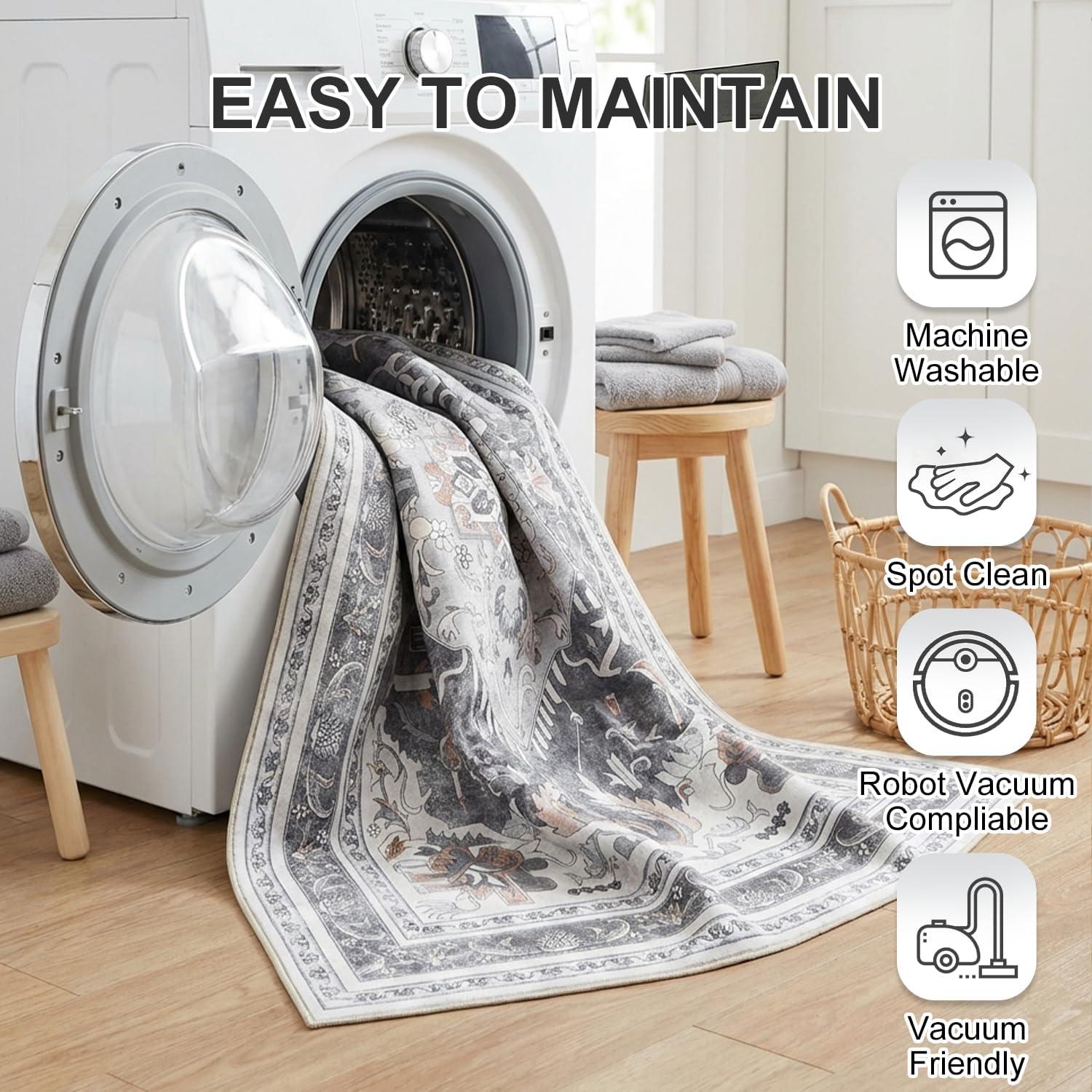 Washable Small Area Rug 2'x3', Non Slip Kitchen Entryway Rug, Water-Resistant, Pet Friendly Floor Mat for Indoor, 0.26" Low Pile, Charcoal Gray & Brown