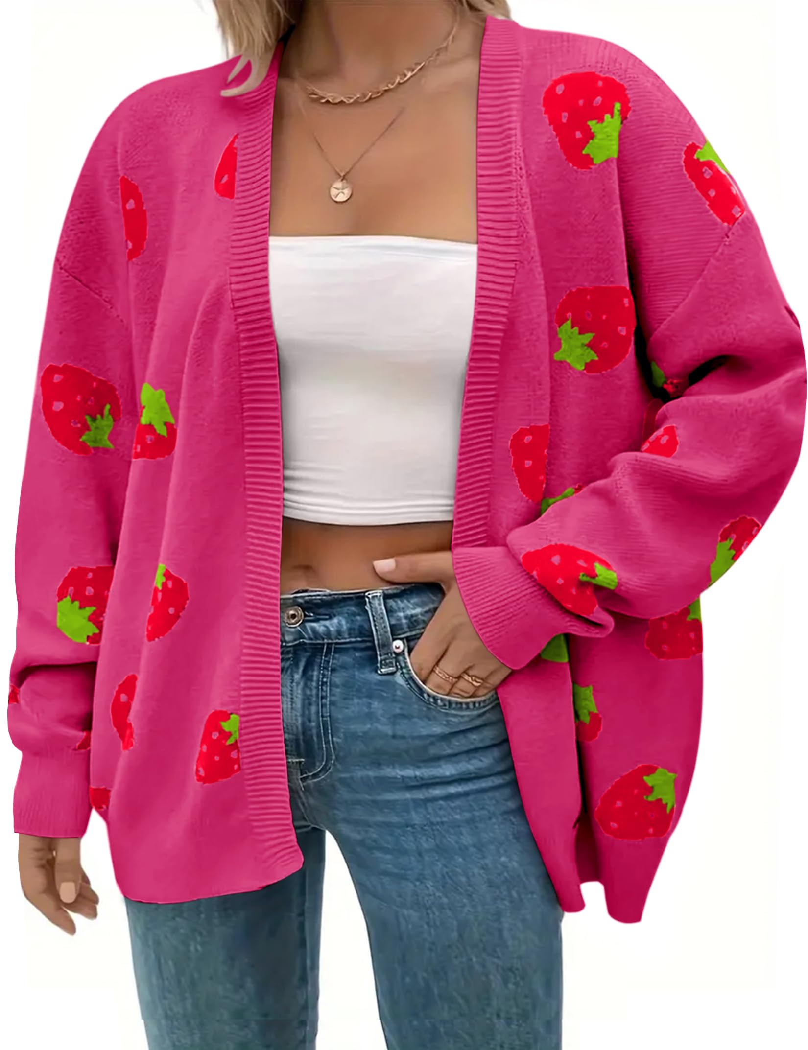Women's Plus Size Strawberry Floral Print Long Sleeve Open Front Knit Cardigan Sweater-image-26