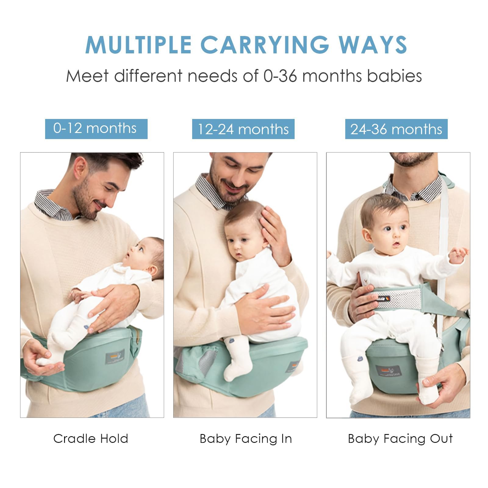 SONARIN Hipseat Marsupio,Ergonomico Neonati Marsupio Supporto del Sedile Portantina Bebè Seggiolino Puro Cotone con Cintura di Sicurezza & Tracolla Singola Multi Posizioni per Bambino(Verde)