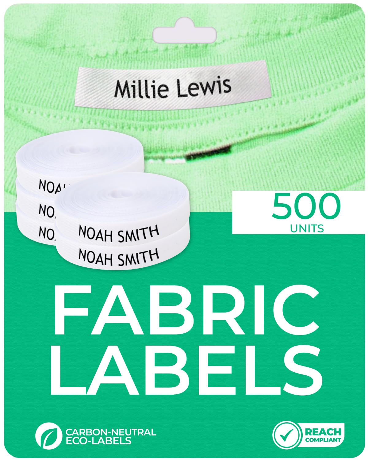 500 Personalized Iron-On Fabric Labels - Custom Name Tags for Clothing, School Uniforms, Elderly Garments - Durable, Washable, Eco-Friendly - 2.4x0.4 Inches