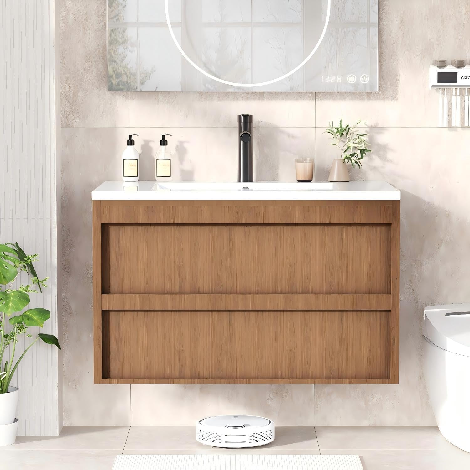 EROMMY 30 Inch Bathroom Vanity with Sink, Floating Bathroom Vanity with 2 Large Storage Drawers, Wood Grain Wall Mounted Bathroom Cabinet Includes Water Tap & Sink Accessories, Natural
