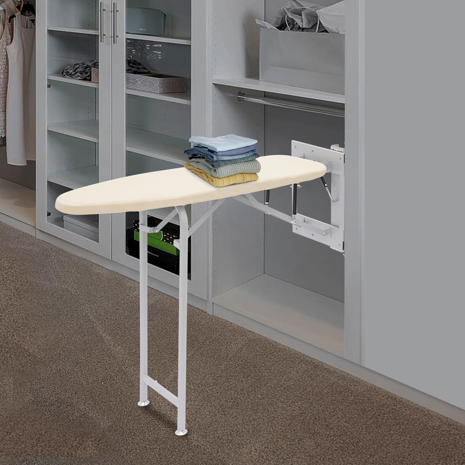 Pull-Out Ironing Board, Hideaway Ironing Board Foldable Ironing Storage Station Wardrobe Mount for Home, Apartment (Beige)