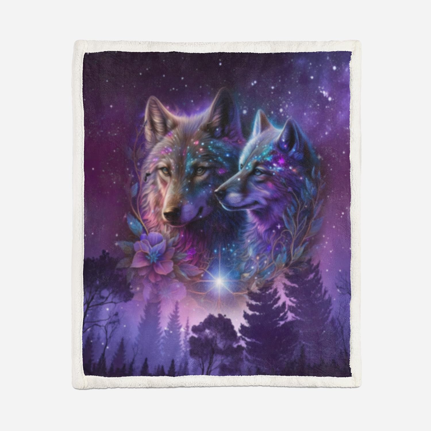 AILONEN Wolf Fleece Sherpa Blanket,Purple Starry Night Galaxy Wolf Throw Blanket,Wolf Head Print Blanket, 70 x 55 Inches Cozy Soft Warm Safari Animals Theme Blanket for Bed Couch,Boys Girls Blanket