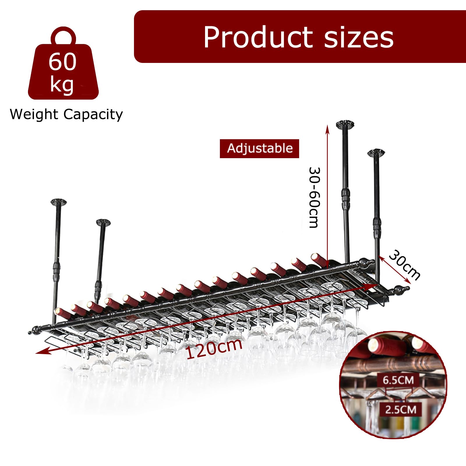Soportes para Copas Colgante, Altura Ajustable Techo Botellero, Metal Porta Bottiglie da Vino Soporte de Copas Sostenedor para Barra Bar/Club/Armarios para Vino (BK, 120 * 30cm)