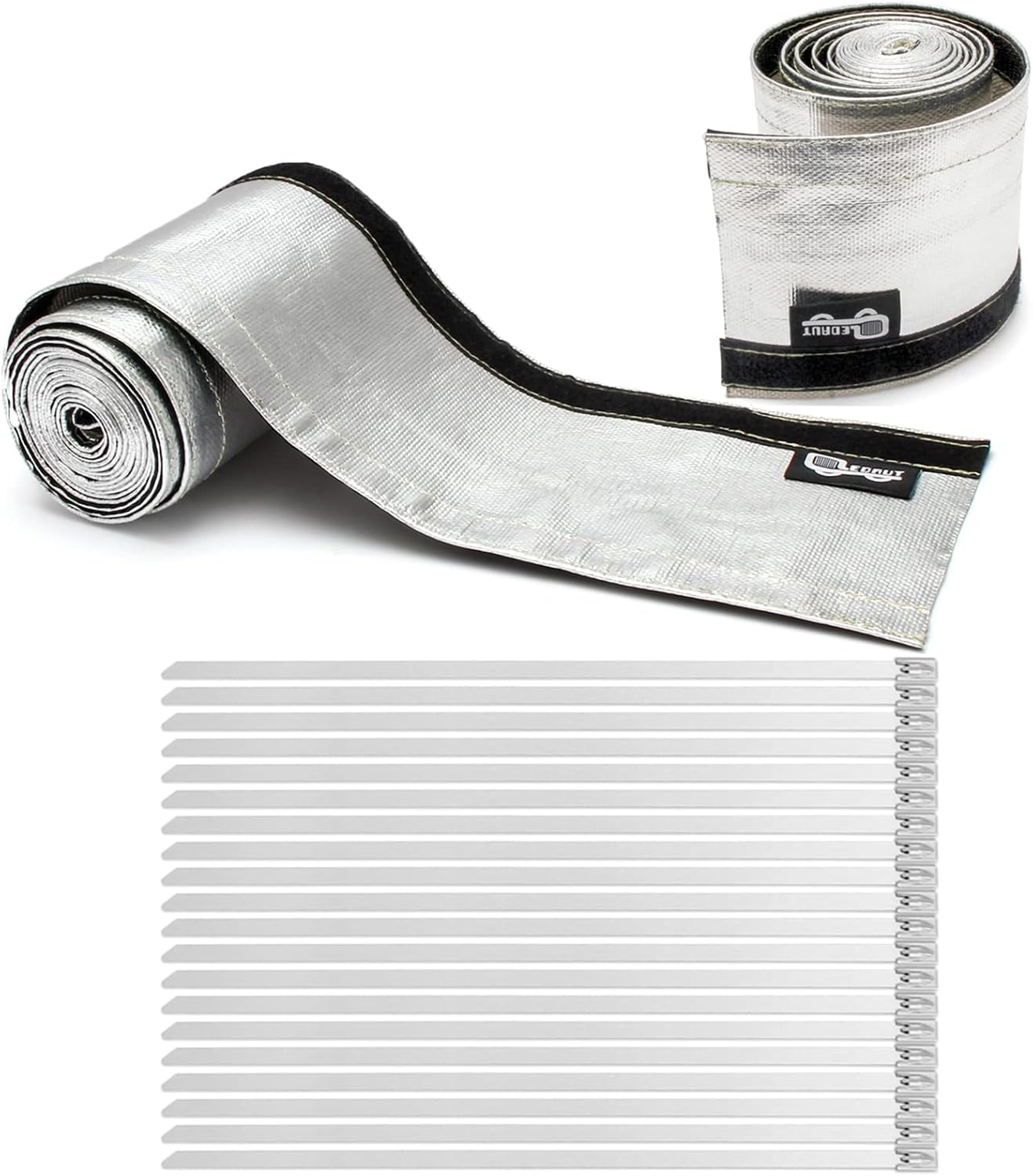 Heat Shroud Sleeve Aluminized 2 Pcs for Ultimate Heat Protection Hose Wire Shield 1-1/4''I.D. x 10FT, with 20 Pcs 7.8Inch Stainless Steel Cable Metal Zip Ties