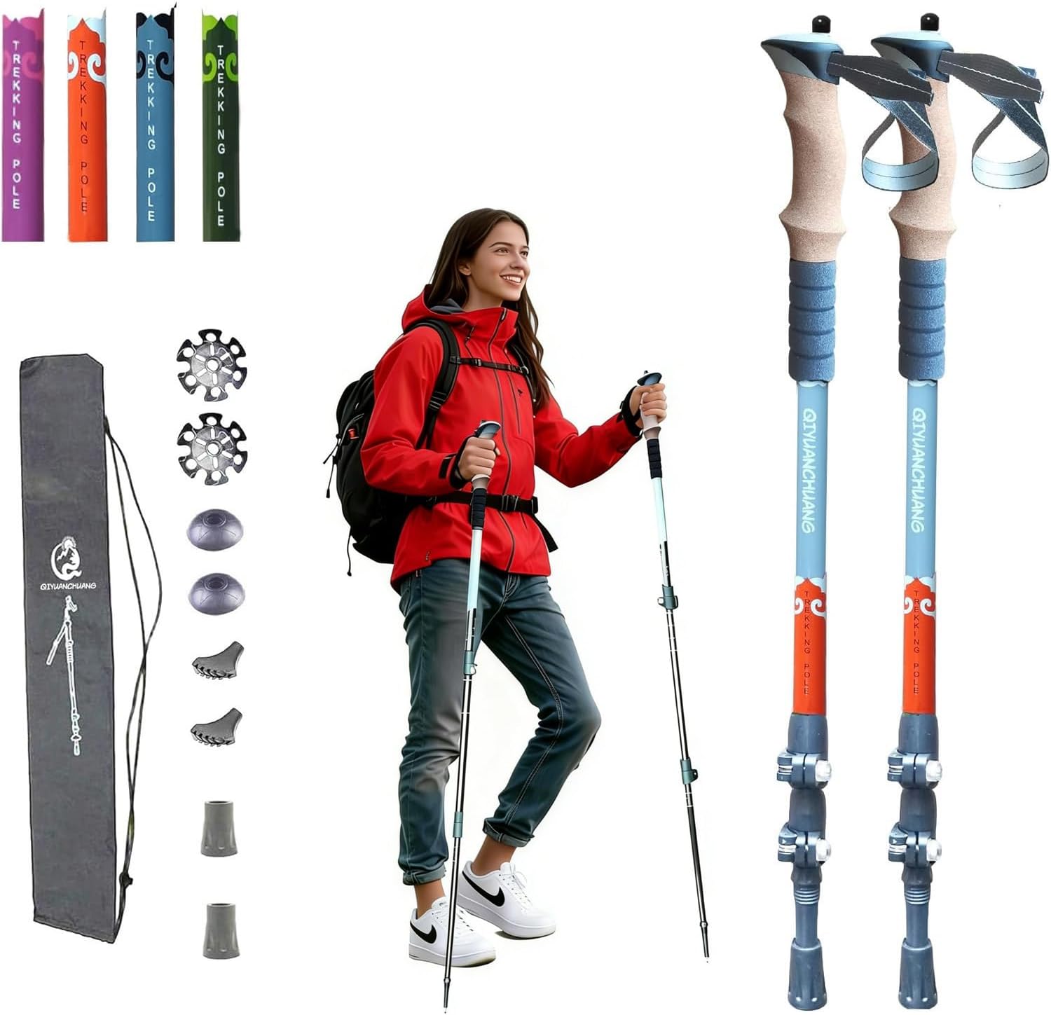 Hiking Poles for Women, Men, Seniors - Ultralight Collapsible Trekking Poles & Walking Sticks with 1/4" Thread, Tip Kit (Phone Stand Sold Separately)