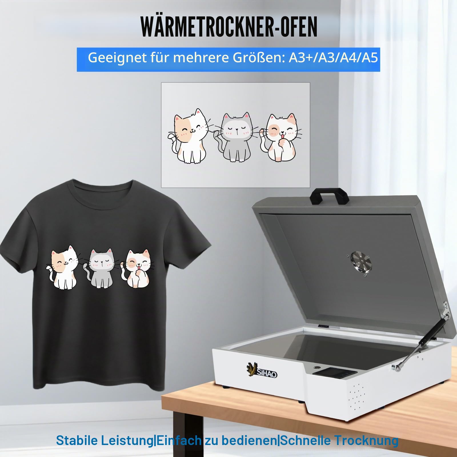DTF Trockenofen, DTF Drucker Doppelheizung, 0-300°C Temperaturregelung und Zeitfunktion, A3+/A3/A4/A5 DTF Ofentrockner, für den T-Shirt-Hut-Transferdruck