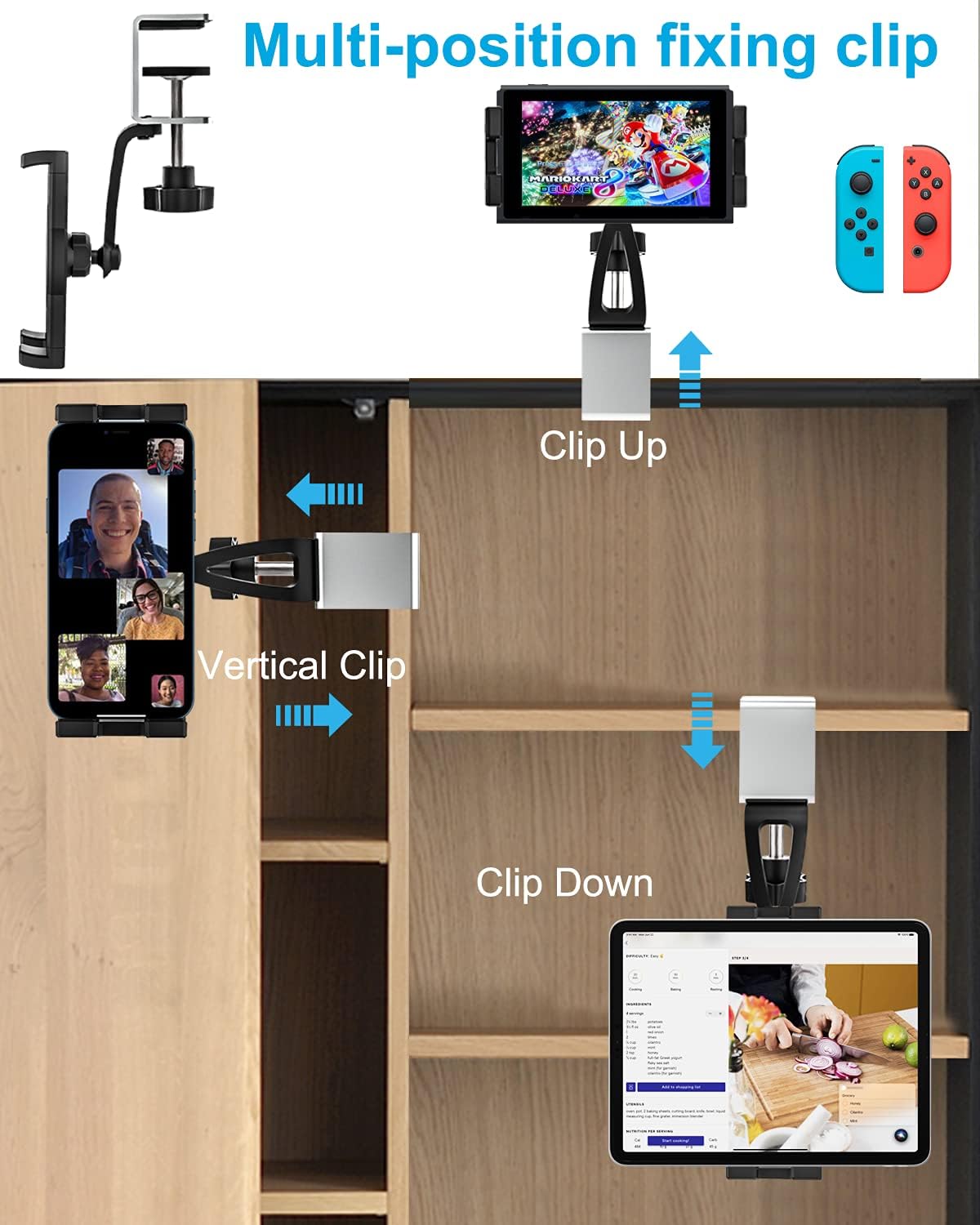 woleyi Kitchen Cabinet Tablet Mount, Easy-Install Under Cabinet Tablet Holder Stand with 360° Adjustable Clamp for iPad Pro Air Mini, Galaxy Tabs, Z Fold, Fire, Surface, Switch, iPhone, 4-13" Devices