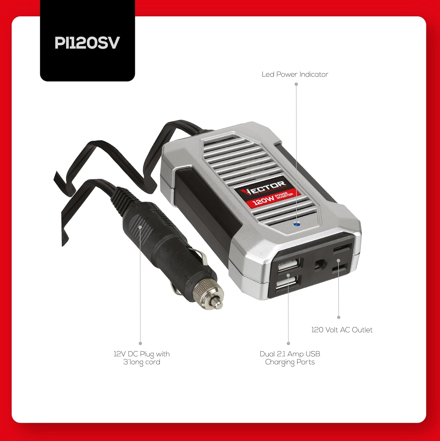 VECTOR 120 Watt Power Inverter charging a laptop in a car