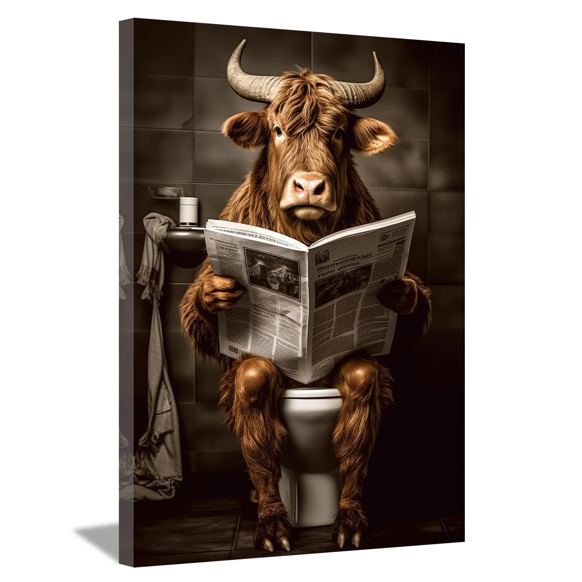 LZIMU Bathroom Cow Wall Art Brown Cattle Sitting on Toilet Reading Newspaper Canvas Prints Funny Animals Posters Home Decor Framed (Bathroom-4