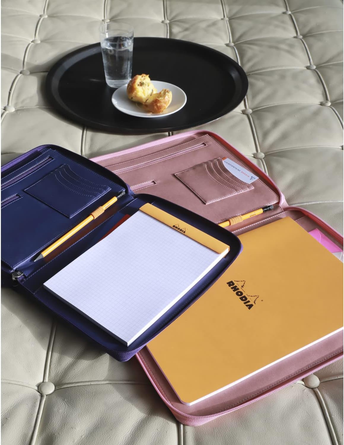 Rhodia 168108C - Rhodiarama Small Leatherette Zipped Portfolio for Notepad or Tablet 19.5x25.5cm gusseted Tablet Pocket 2 Zipped Pockets Card Holder Pencil Holder - Rosewood