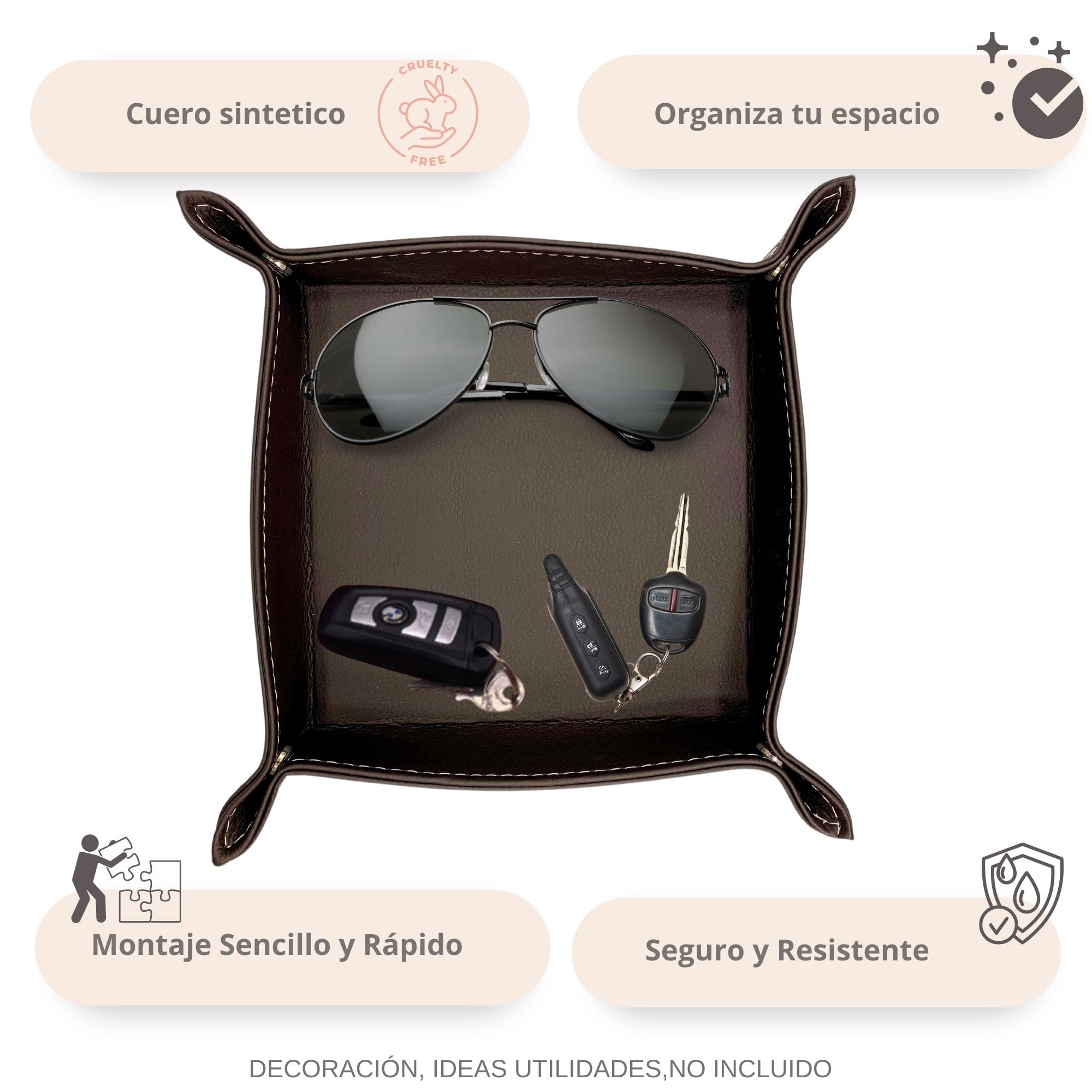Set 2 Bandejas Vaciabolsillos 18,5CM Cuero PU | Recibidor, Habitación y Escritorio | Bandeja Joyas | Chocolate | Bandeja Organizadora