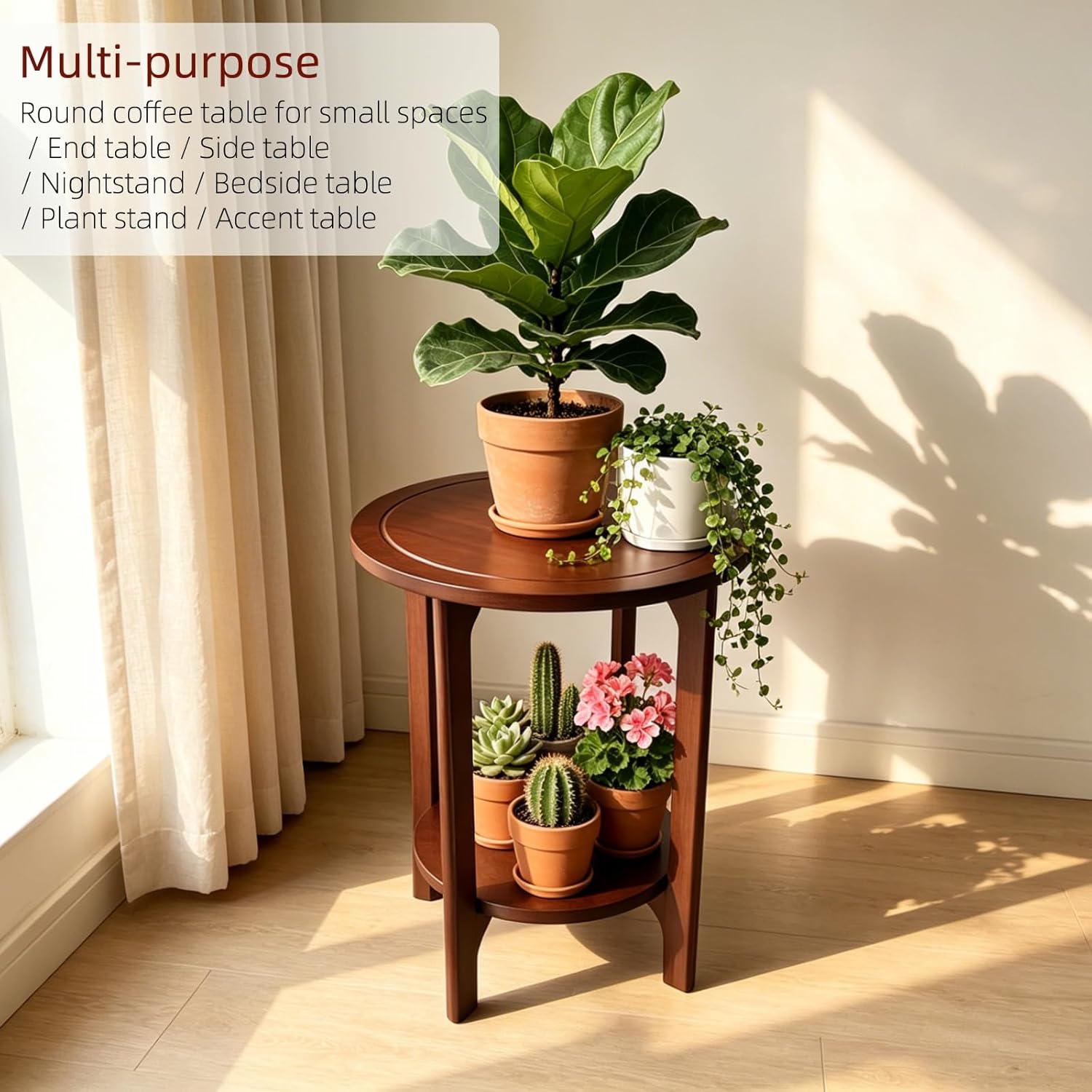 Solid Wood Round Side Table for Living Room, Bedroom | 2-Tier Wooden End Tables, Mid Century Modern Circular Nightstand Bedside Table, Easy Assembly (Walnut)