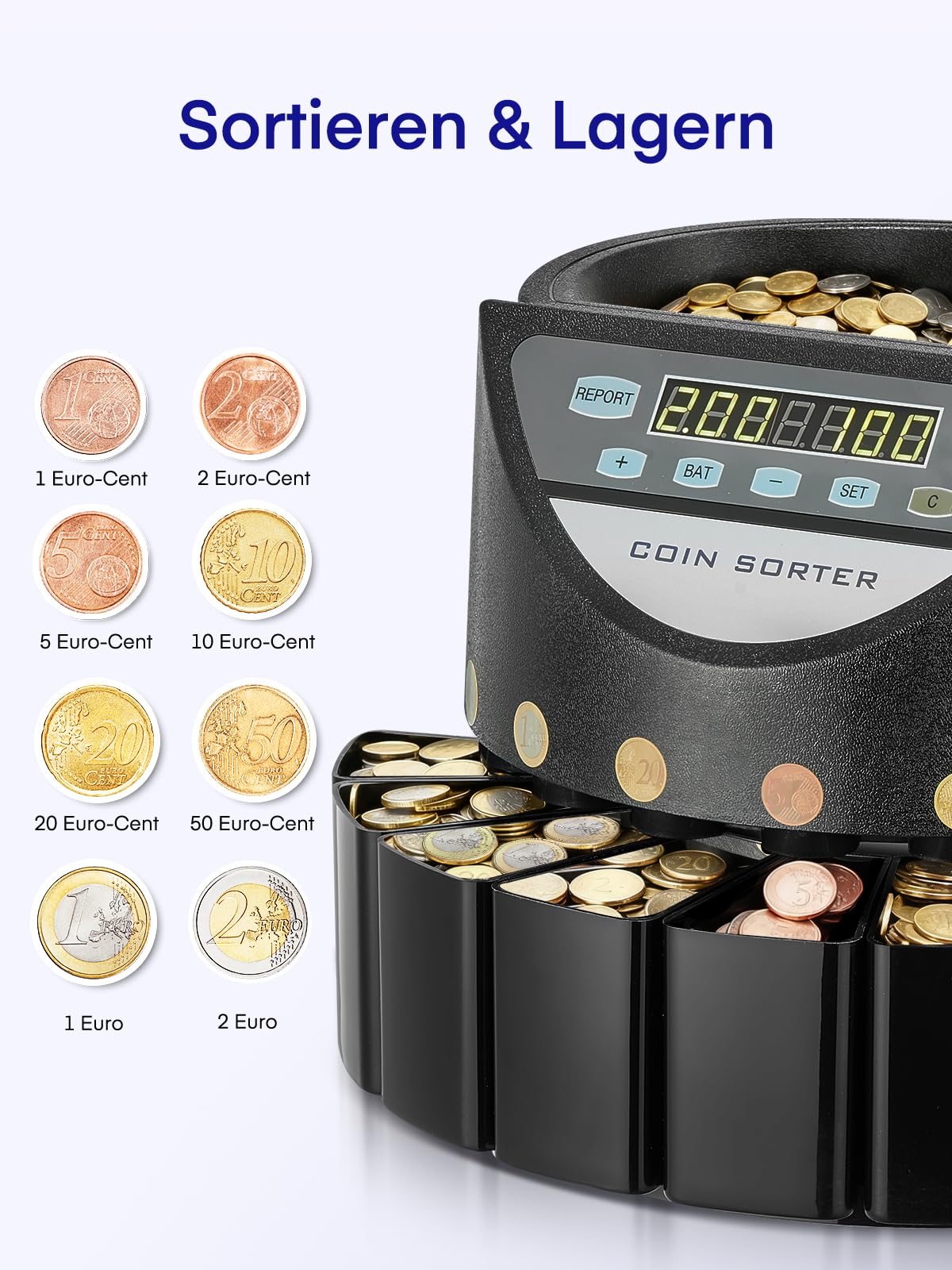 Münzzähler Euro Sortierer, Geldzählmaschine Münzen Sortierer 800 Münzen Kapazität, Münzen Zählmaschine mit 8 Auffangboxen, münzzählmaschine für Schulladenbank, schwarz, U-Bahnen