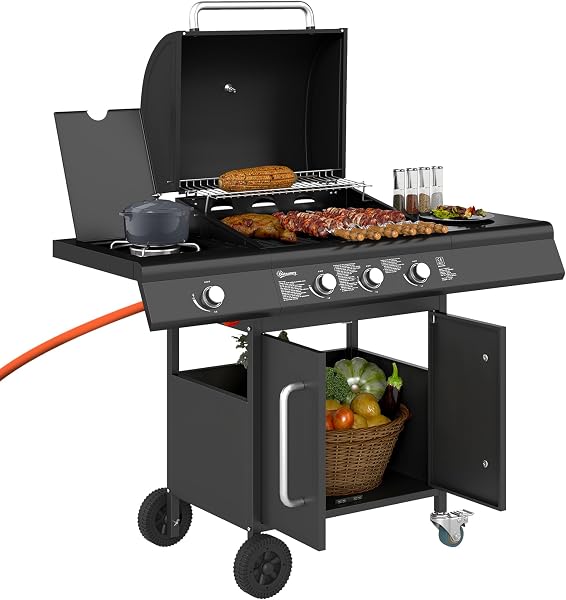 Outsunny Gasgrill met 3+1 Brenner en Warmhouder