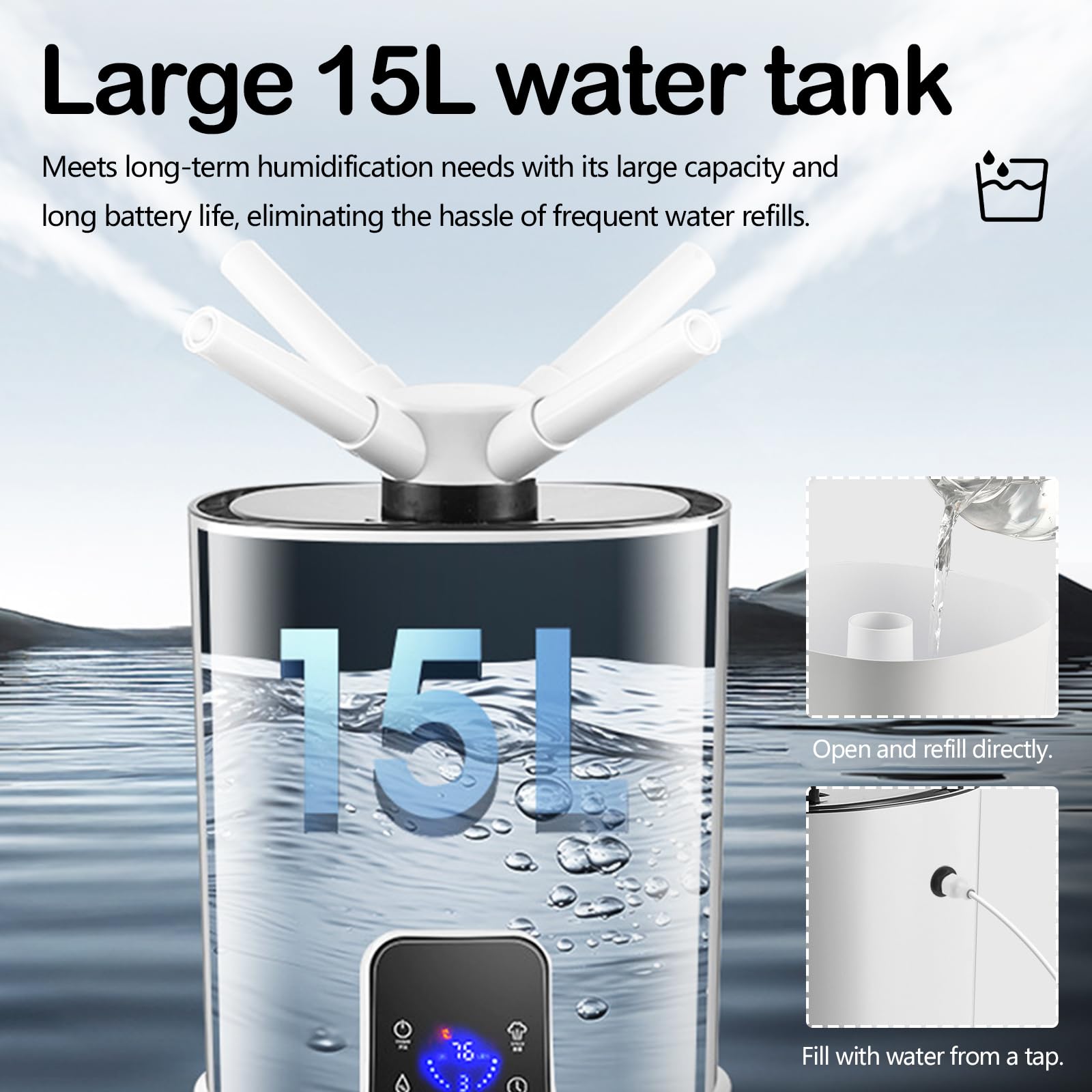 Umidificatore 15L, Multifunzionale Umidificatore Piante 1500ML/H Diffusori Ambiente Automatico 75W con Ugello Dritto Ugello Angolato e Ugello a Quattro Testine per Grow Tent Supermercati