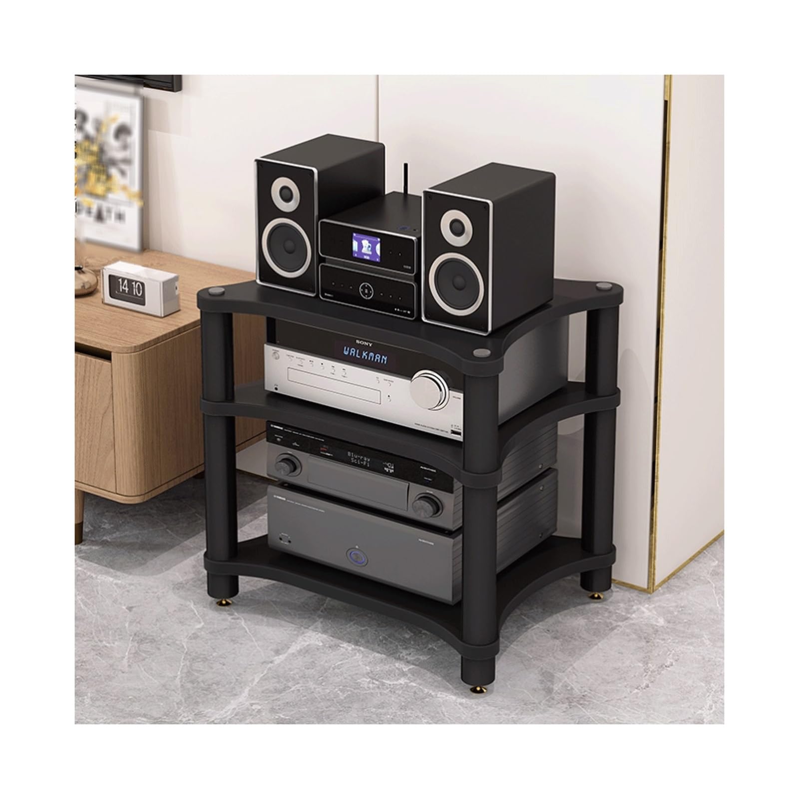 3-Tier CD Record Player Stand Shock-Absorbing Feet Wooden AV Media Cabinet for Home Theater & Office Stereo Receiver Display Rack (Black)