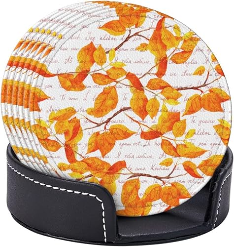 Miniatura 2 de 6 posavasos de cuero con letras de acuarela y hojas de otoño para bebidas con soporte, juegos de posavasos para mesa de bebidas, posavasos para sala