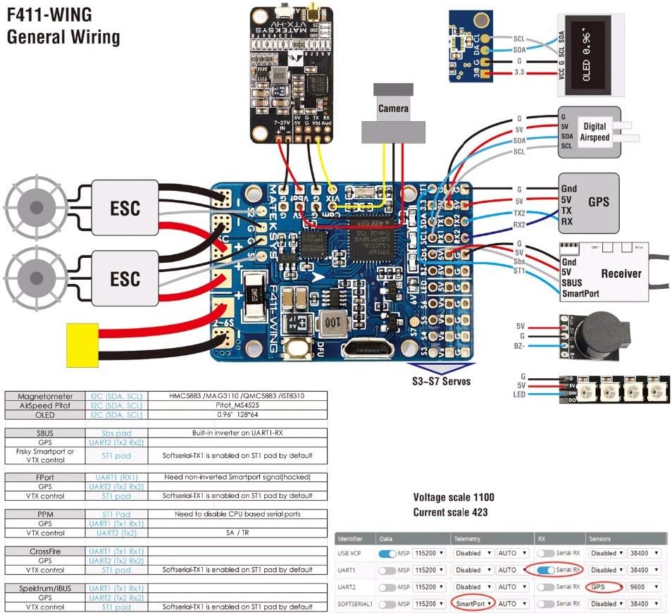 Detailed wiring diagram for Matek Systems F411-WING Flight Controller