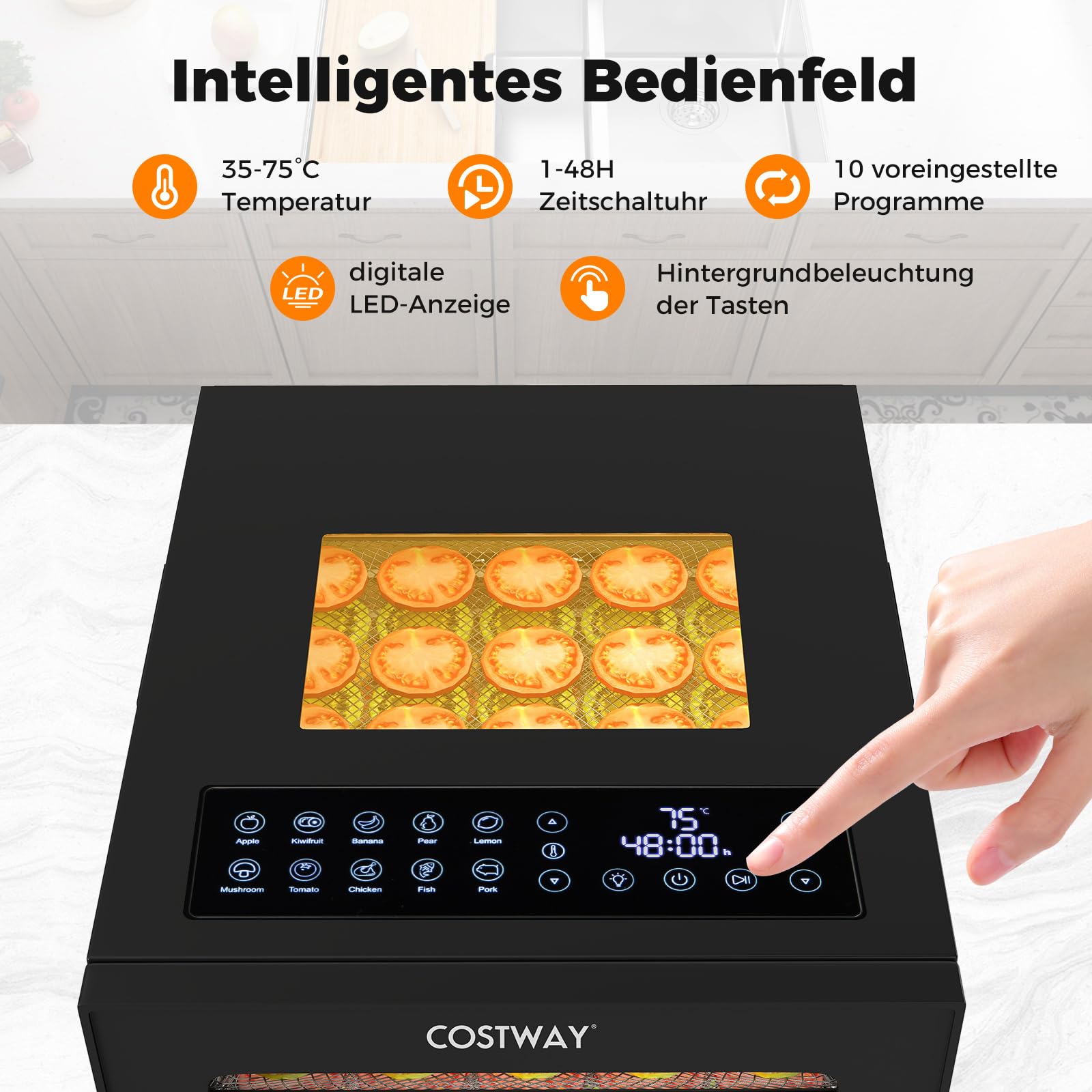 COSTWAY 850W Dörrautomat inkl. 10 Edelstahl-Schalen, Dörrgerät mit 10 voreingestellten Programmen, 48H Timer & 30-75℃ Temperatur, Lebensmittel-Trockner für Obst, Gemüse, Fleisch