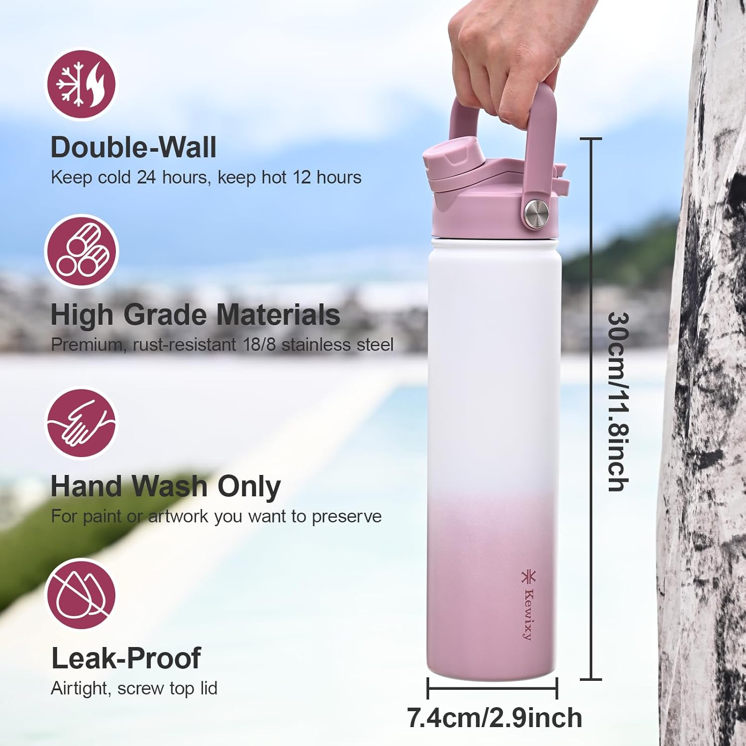 24 oz Insulated Water Bottle, 2-in-1 Lid, Straw & Spout with Protected, Leak Proof, Keep Cold, Stainless Steel, Metal, Reusable, Handle, for Travel, Gym and School, 2 Lids, Iced Plum - Image 7