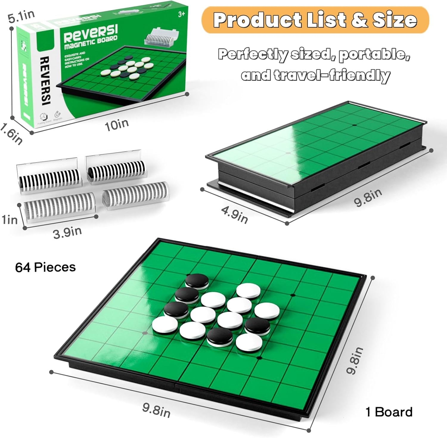 Foldable Magnetic Reversi Board & Pieces Set for Kids & Adults - Classic 2-Player Strategy Game with 9.8" Travel Size Board, Educational Toy for Boys Girls Family Game Night