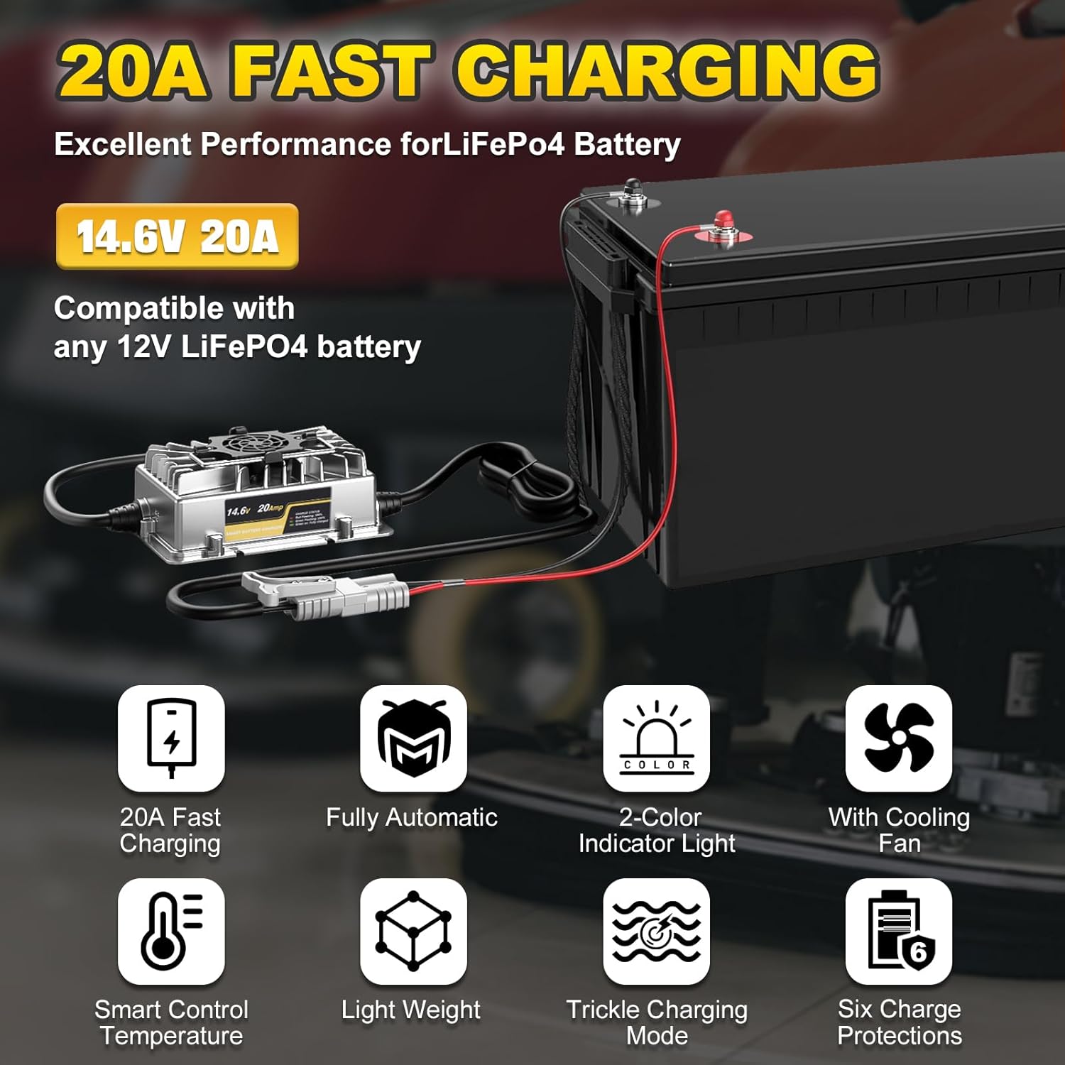 Upgraded 12V 20A Battery Charger Smart AC-DC 14.6V LiFePO4 Waterproof Battery Charger with Anderson Connector LED Indicator for Lithium LiFePO4 Deep Cycle Rechargeable Batteries of RV, Boat