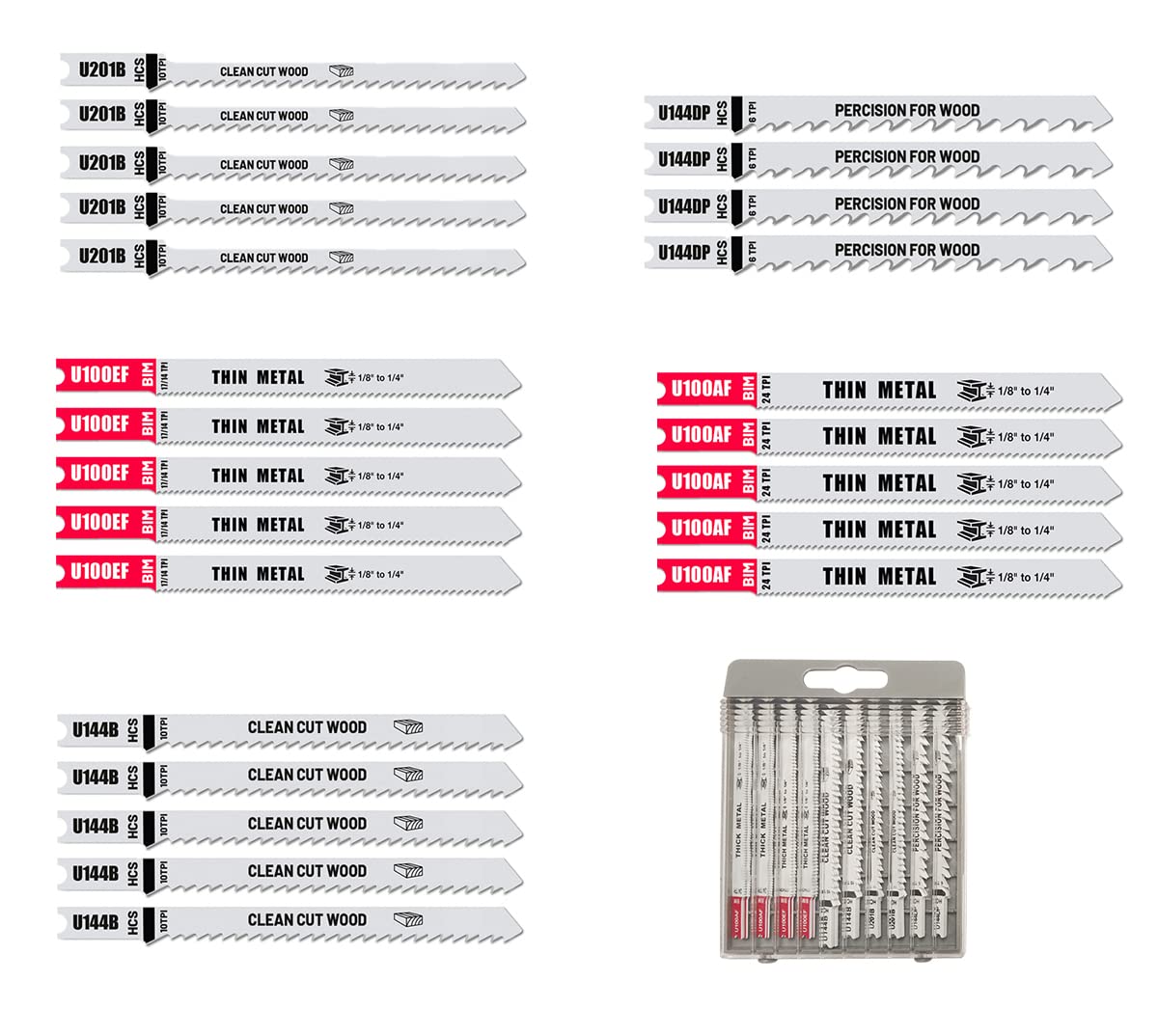FOXBCU-Shank Jigsaw Blades Set fit Black+Decker BDEJS600C BDEJS300C, JS515 (75-626) for Cutting Wood Metal - 24 Pieces with Case