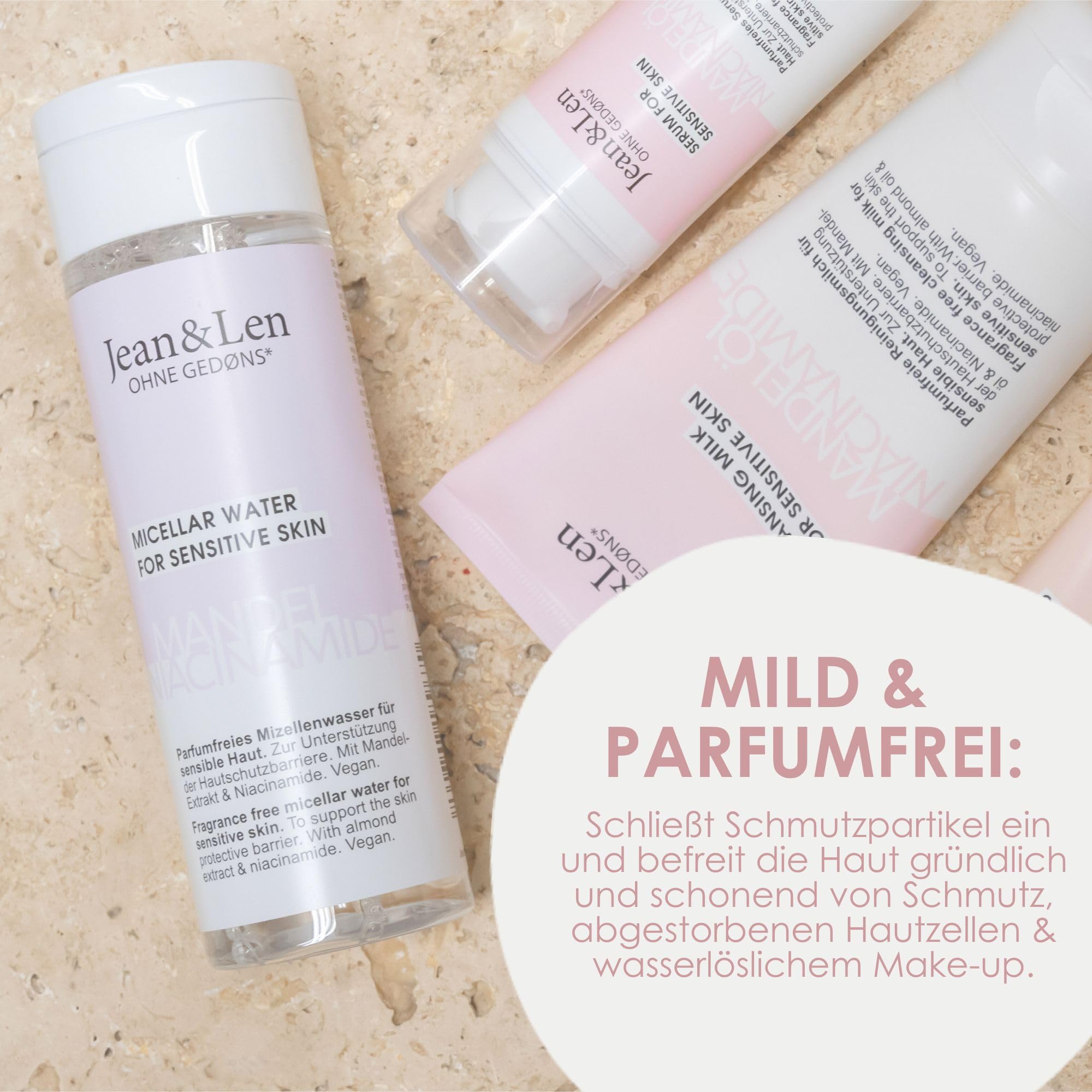Jean & Len Woda micelarna bez perfum, migdał i niacynamid, nadaje się do skóry wrażliwej, pomaga w łagodzeniu skóry, delikatnie oczyszcza skórę, bez parabenów i silikonów, wegańska, 200 ml