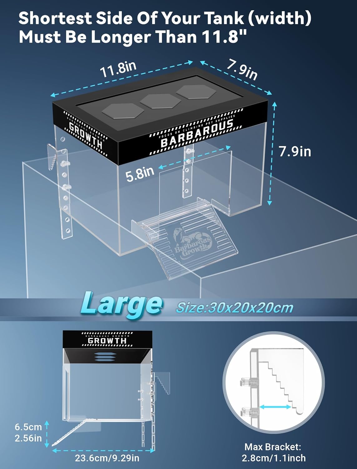 GOZILLA Adjustable Turtle Basking Platform, 11.8x7.9x7.9''Acrylic Turtle Topper & Dock, Hanging Platform Enclosure Warm Room for Turtles, Small Reptiles.(Large)