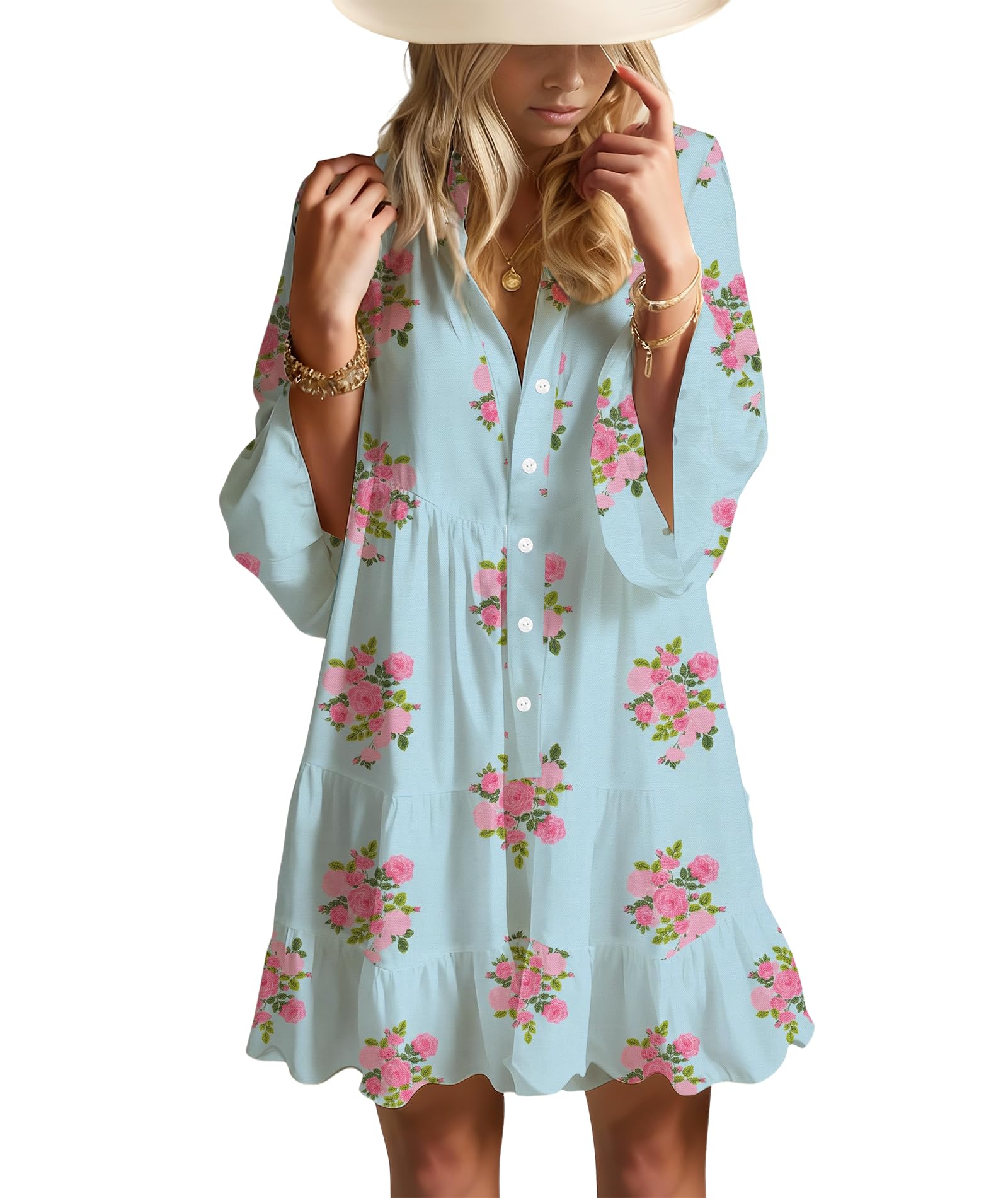 Summer Dresses for Women 2026 Flowy Ruffle 3/4 Sleeve V Neck Tiered Casual Babydoll Boho Beach Mini Dress