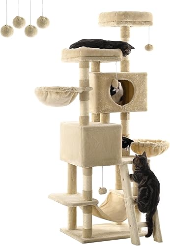 Miniatura 1 de FourFurPets Árbol para gatos de interior, torre para gatos de 63 pulgadas, condominio para gatos, perca para dos gatos, cuevas para gatos Wwo,